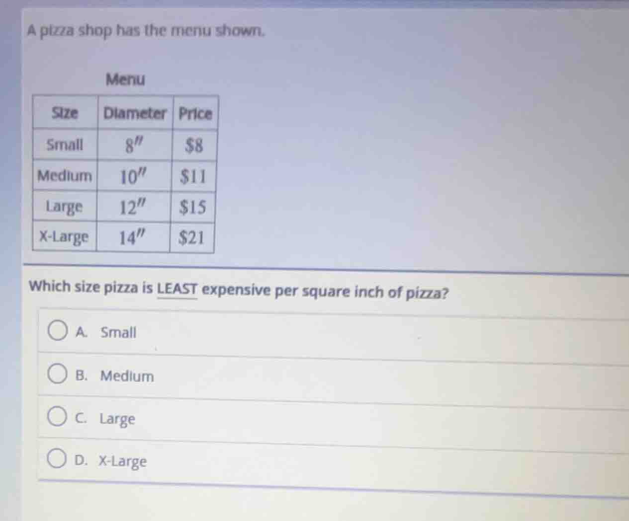 a pizza shop has the menu shown. menu | size | diameter | price | | ---…