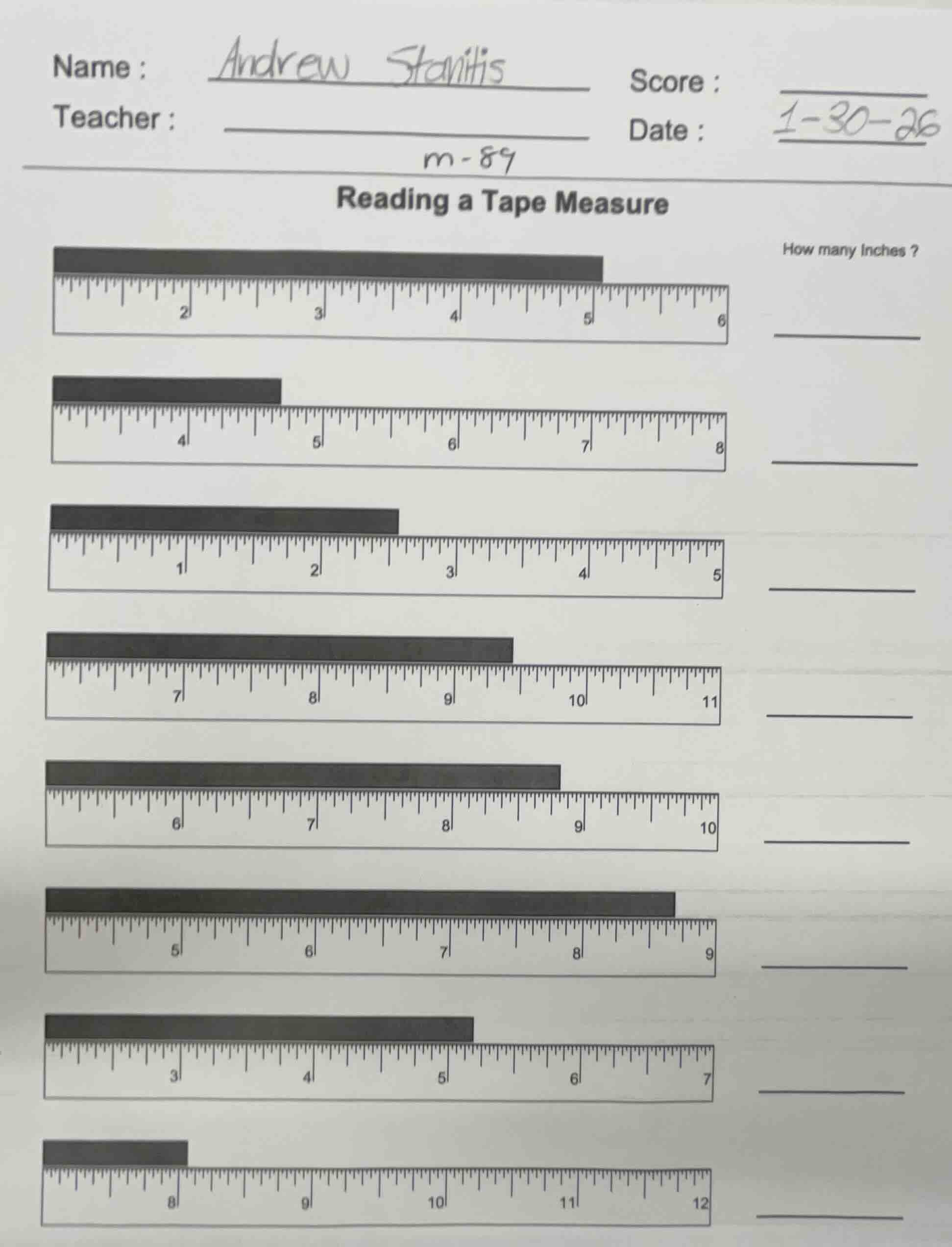 name : andrew stanitis score : teacher : date : 1-30-26 m - 89 reading …
