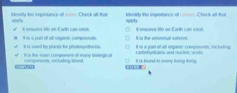 identify the importance of first element, likely oxygen. check all that…