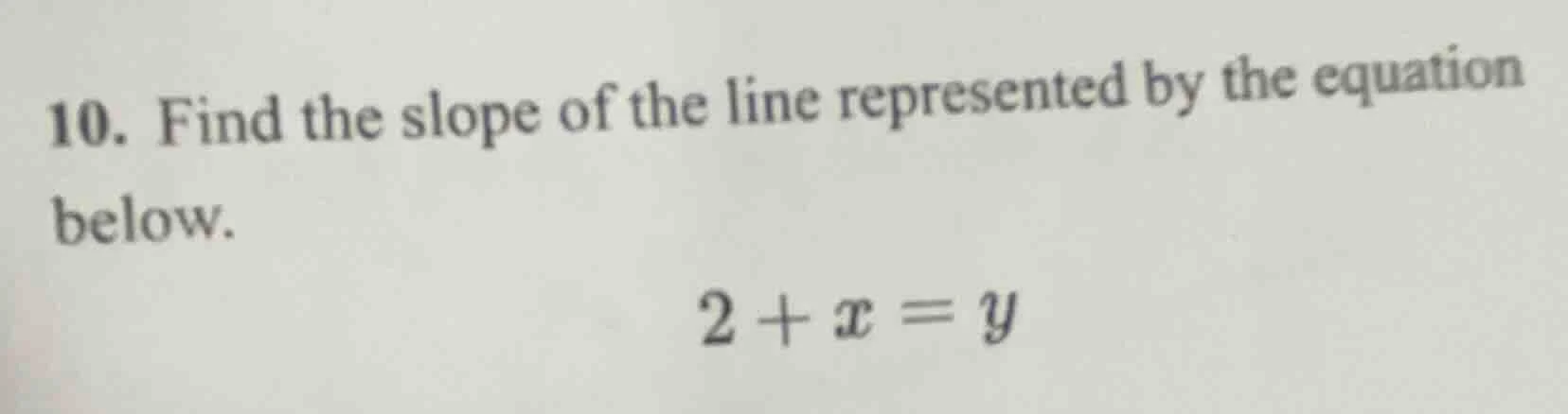 10. find the slope of the line represented by the equation below. 2 + x…