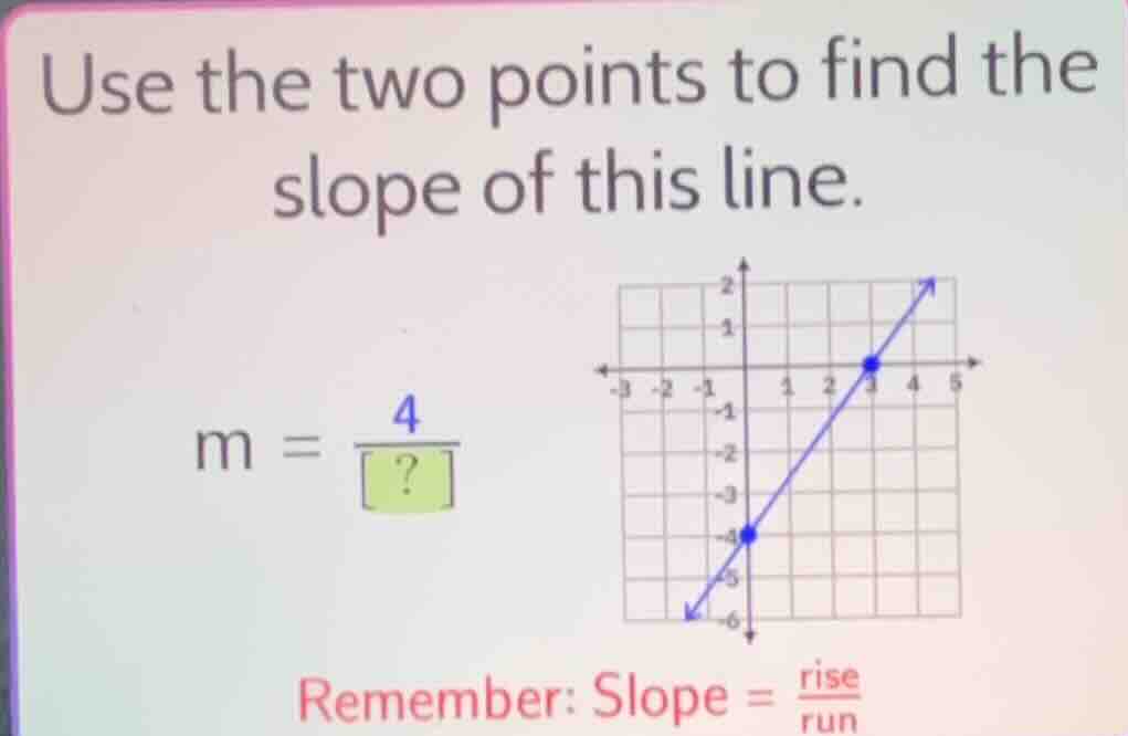 use the two points to find the slope of this line. m = \\frac{4}{?} rem…