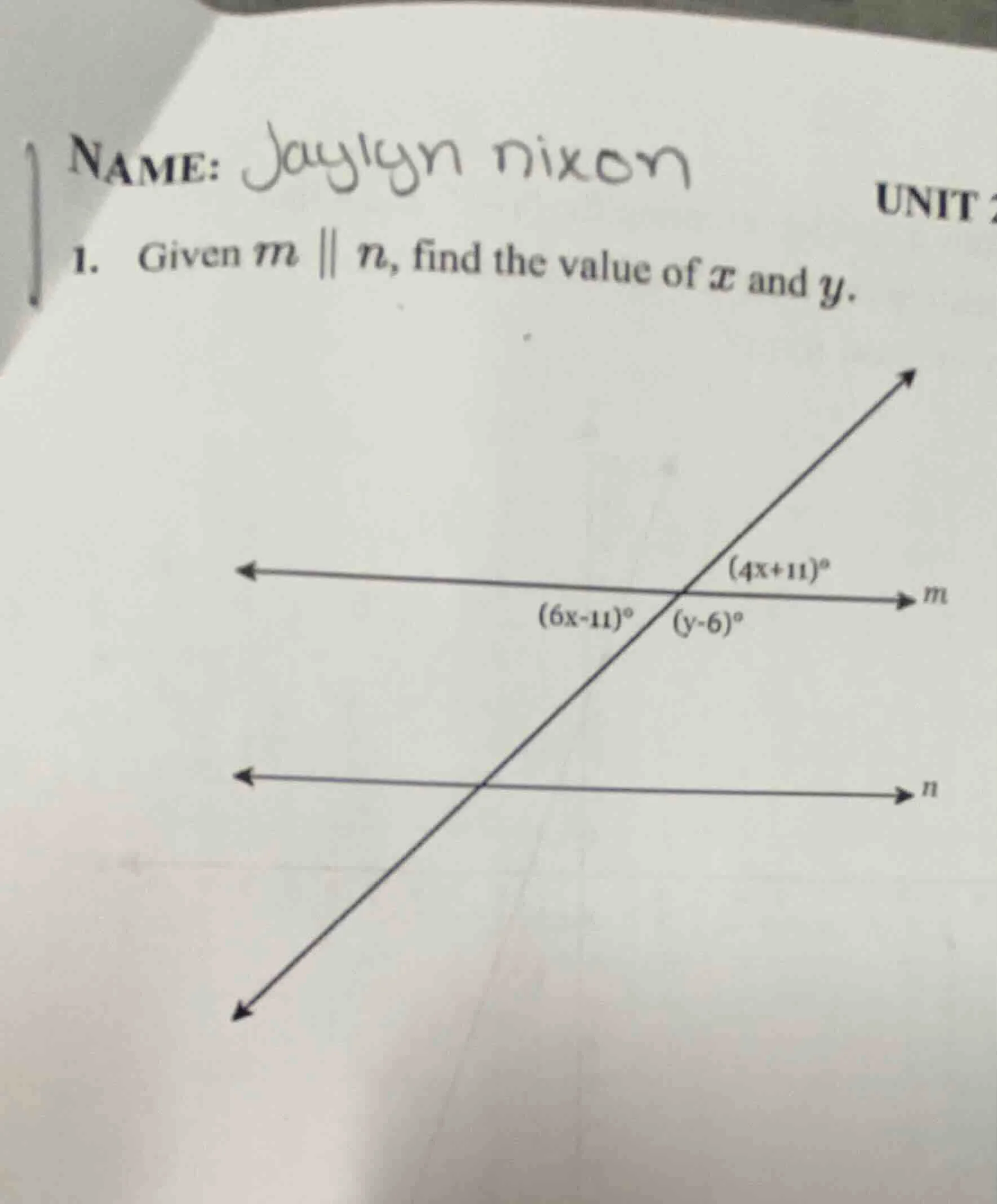 name: jaylyn nixon unit 1. given ( m parallel n ), find the value of ( …