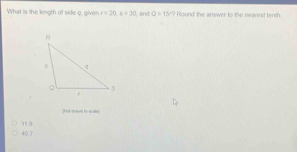 what is the length of side q, given r = 20, s = 30, and q = 15°? round …