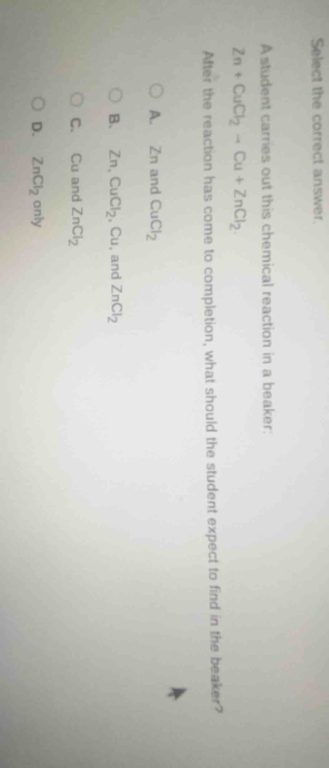 select the correct answer. a student carries out this chemical reaction…