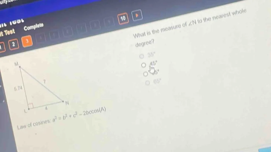 what is the measure of ∠n to the nearest whole degree? 35° 45° 55° 65° …