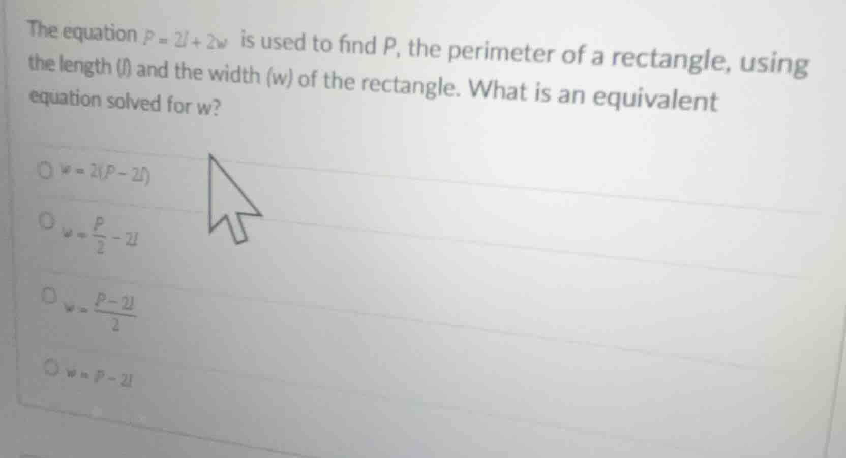 the equation $p = 2l + 2w$ is used to find $p$, the perimeter of a rect…