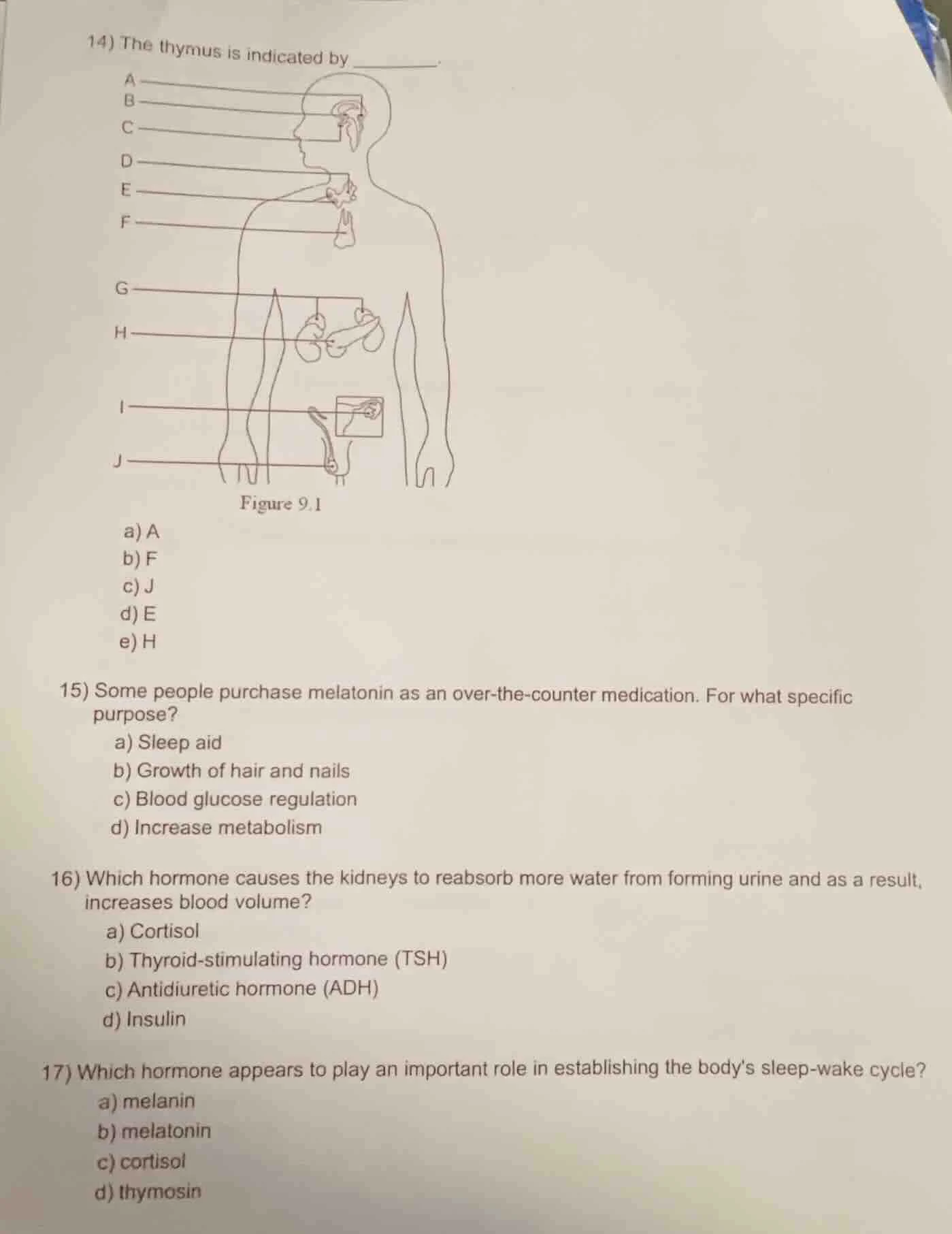 14) the thymus is indicated by ______. figure 9.1 a) a b) f c) j d) e e…