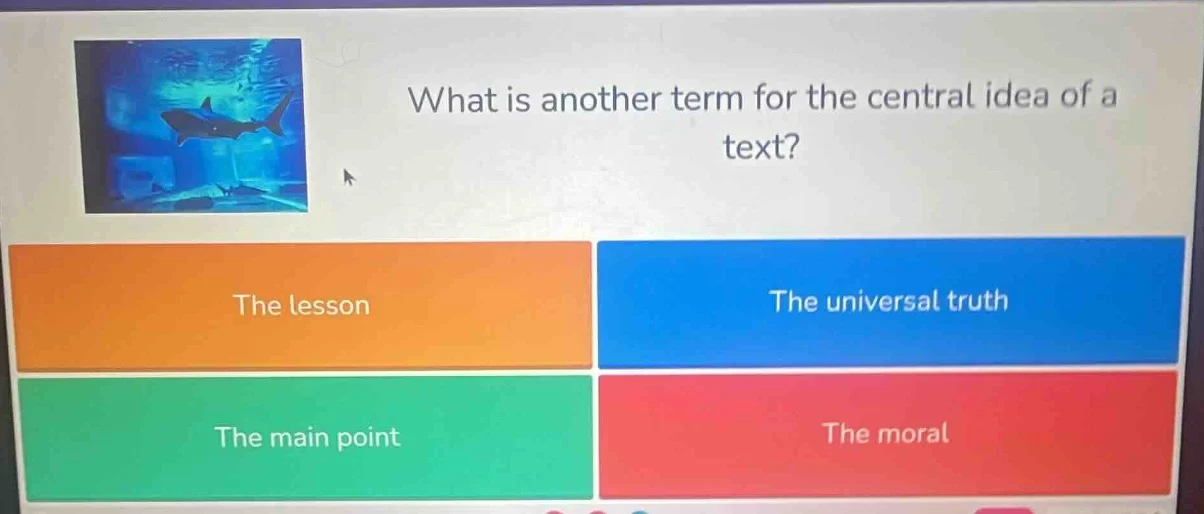 what is another term for the central idea of a text? the lesson the uni…