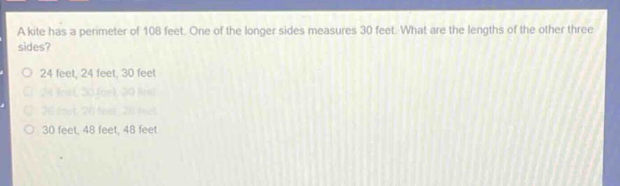 a kite has a perimeter of 108 feet. one of the longer sides measures 30…