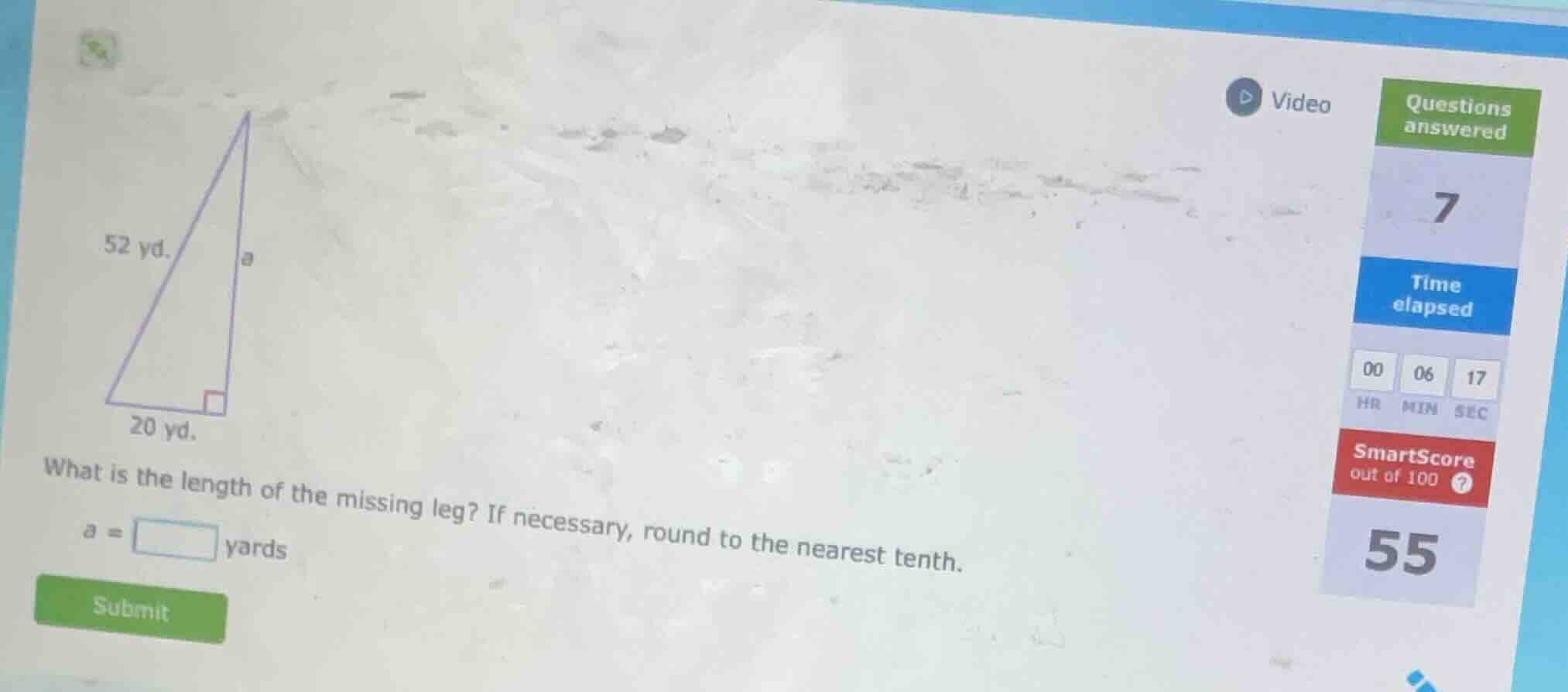 52 yd. a 20 yd. what is the length of the missing leg? if necessary, ro…