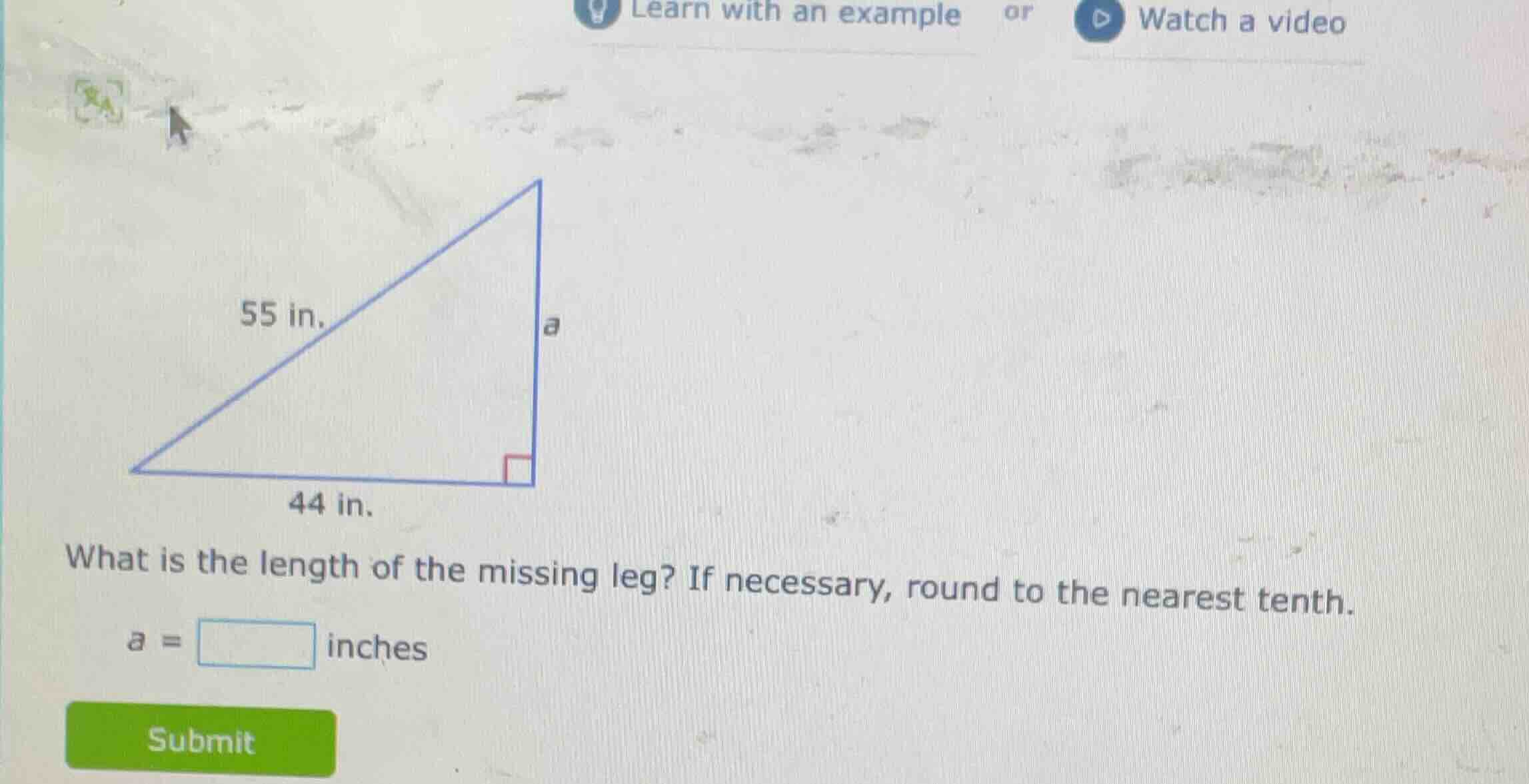 55 in. 44 in. what is the length of the missing leg? if necessary, roun…