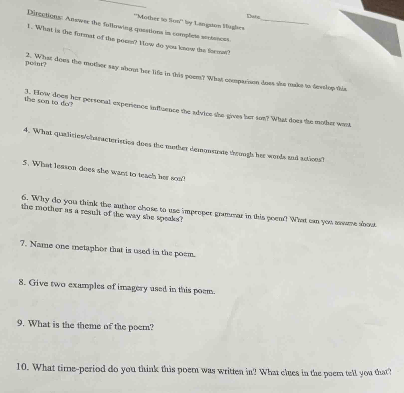 date \mother to son\ by langston hughes directions: answer the followin…
