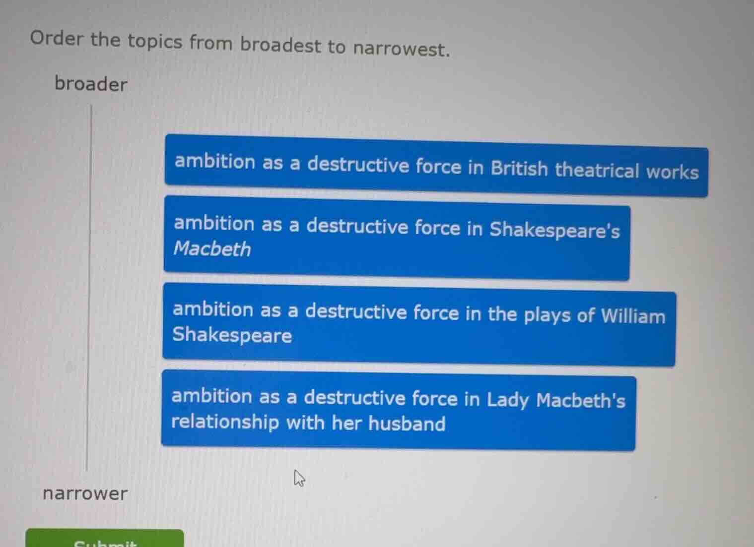 order the topics from broadest to narrowest. broader ambition as a dest…