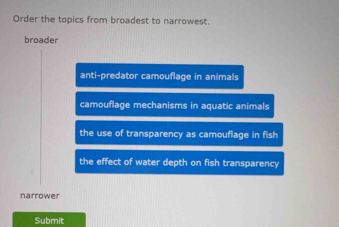 order the topics from broadest to narrowest. broader anti - predator ca…