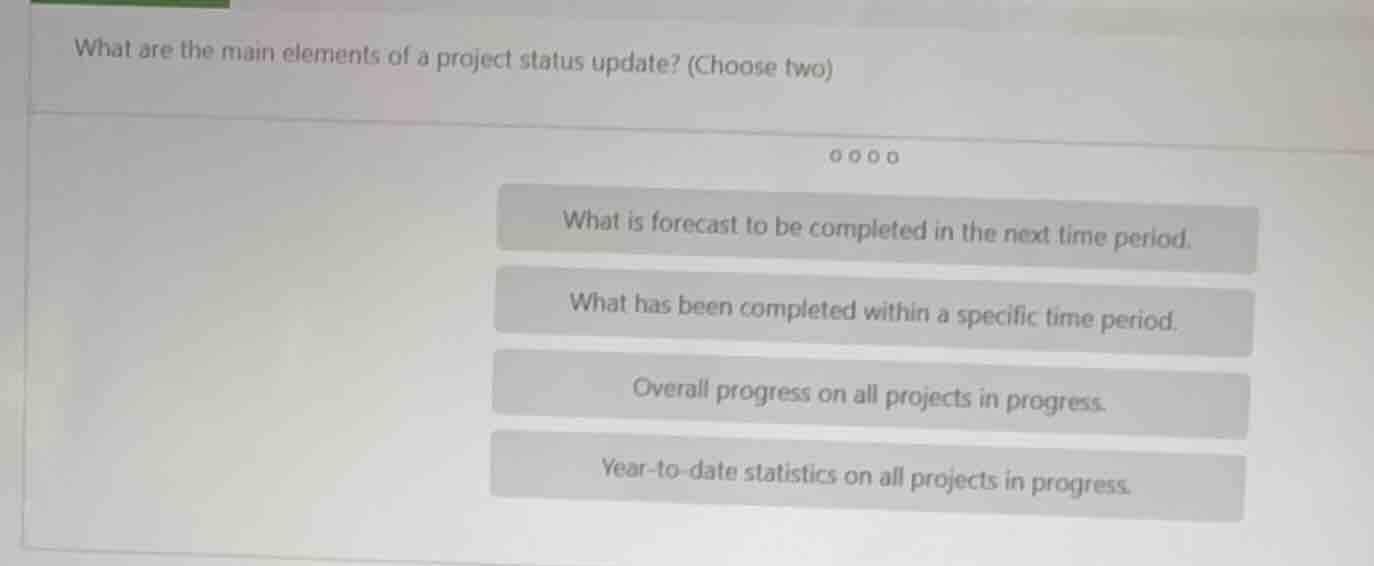 what are the main elements of a project status update? (choose two) wha…