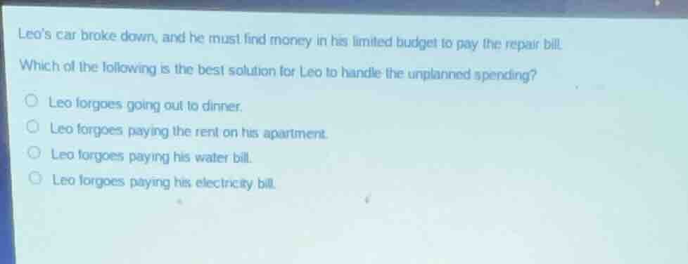leos car broke down, and he must find money in his limited budget to pa…