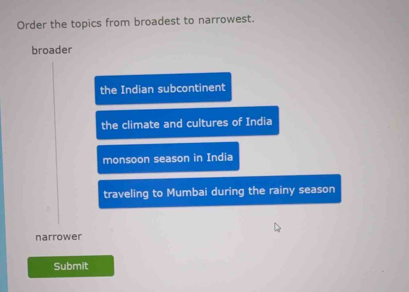 order the topics from broadest to narrowest. broader the indian subcont…