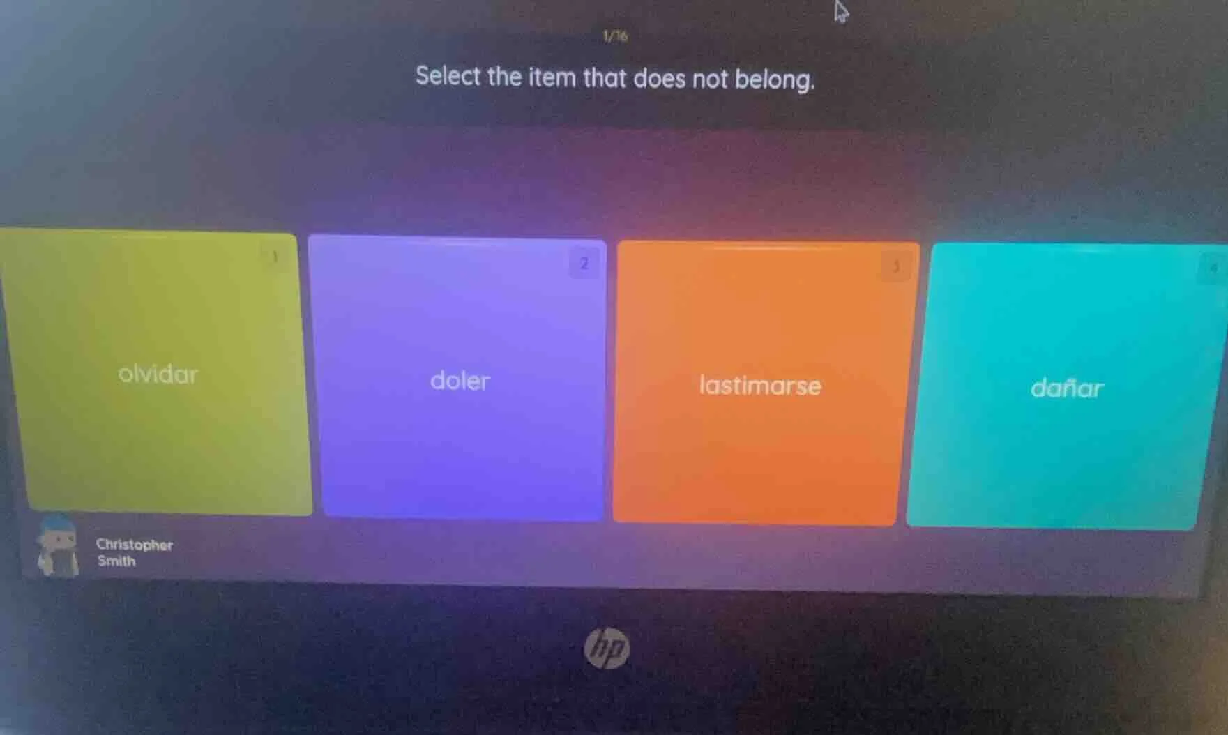 select the item that does not belong. 1 olvidar 2 doler 3 lastimarse 4 …