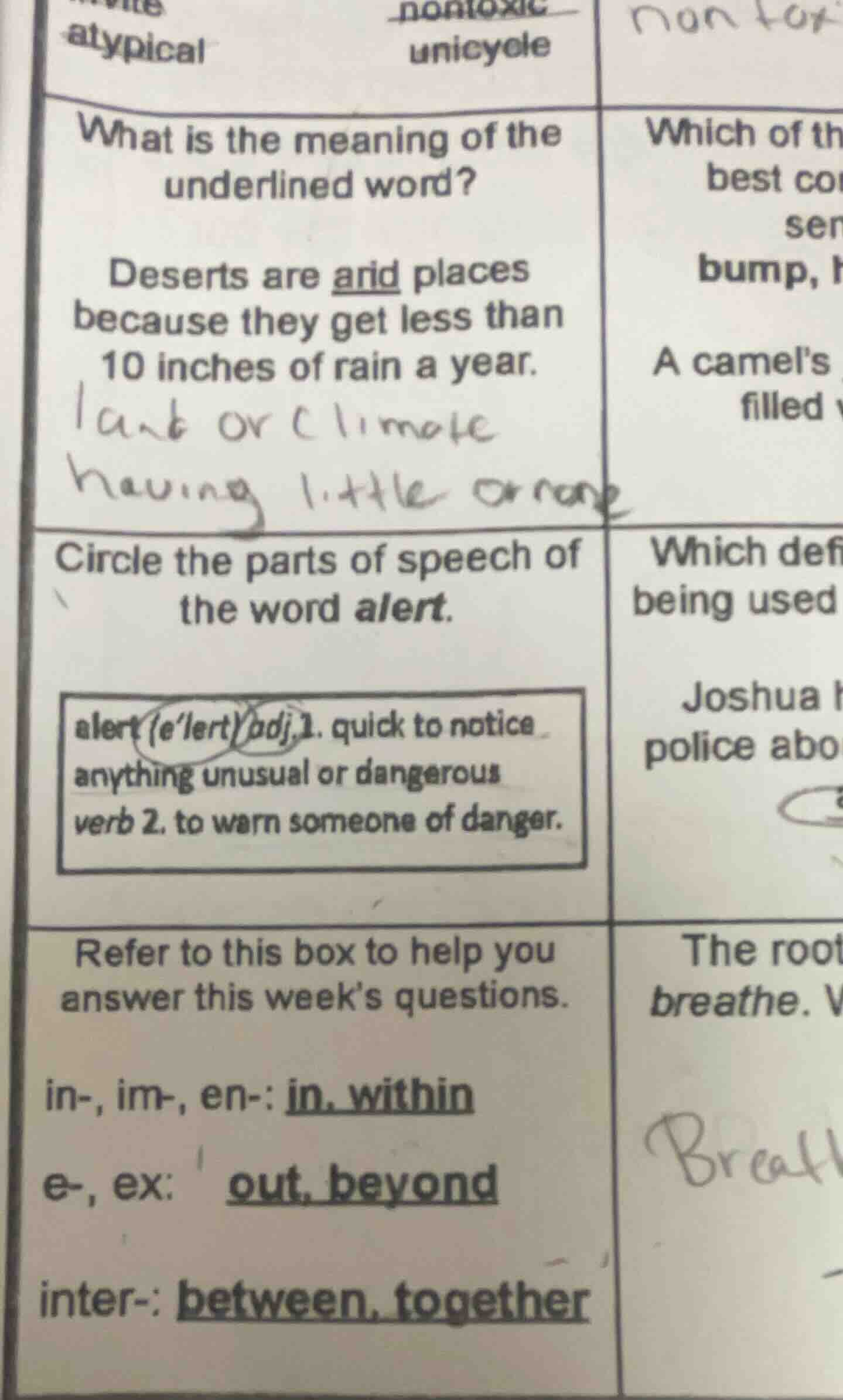 what is the meaning of the underlined word? deserts are arid places bec…