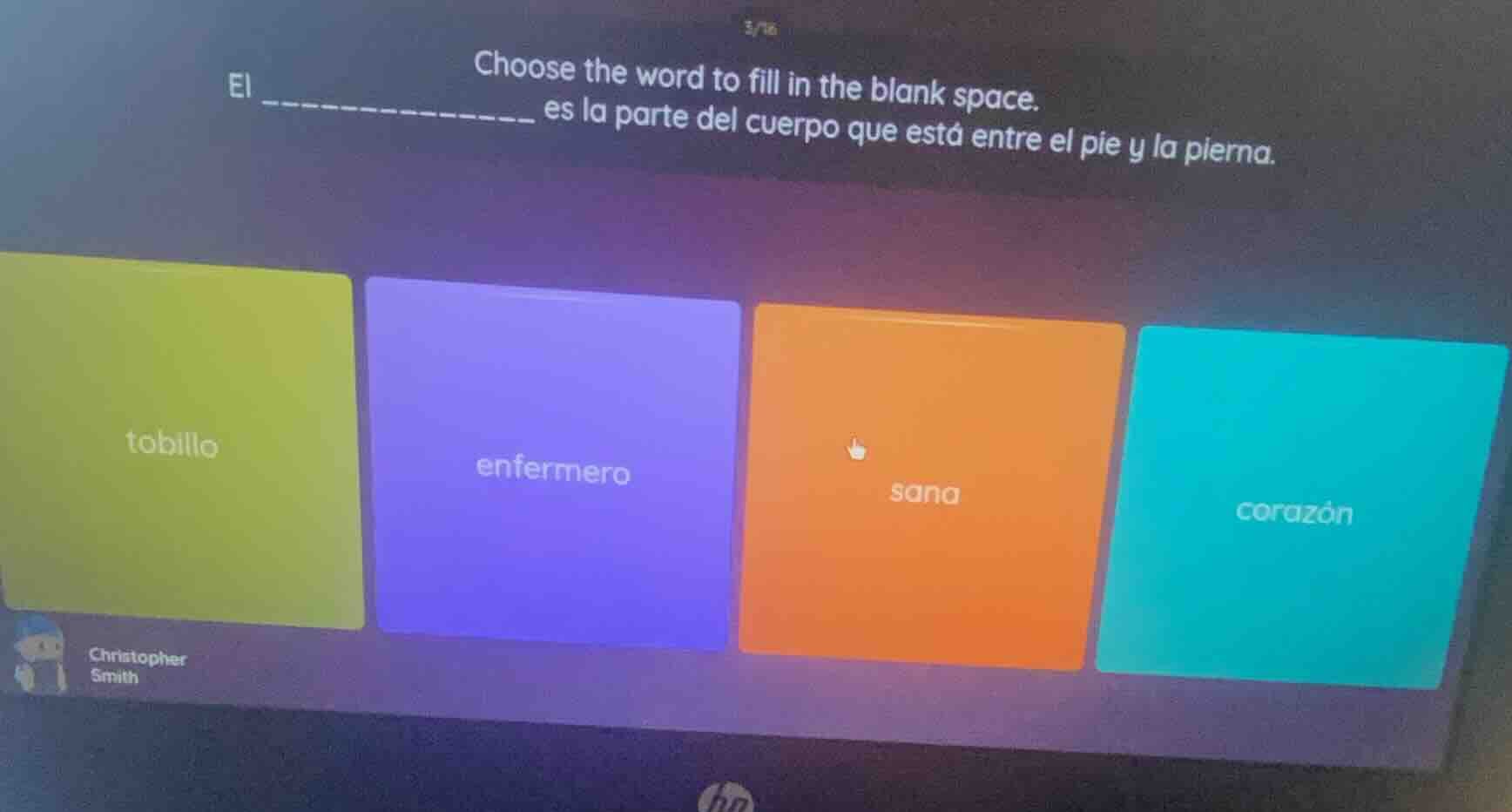 choose the word to fill in the blank space. el ____________ es la parte…