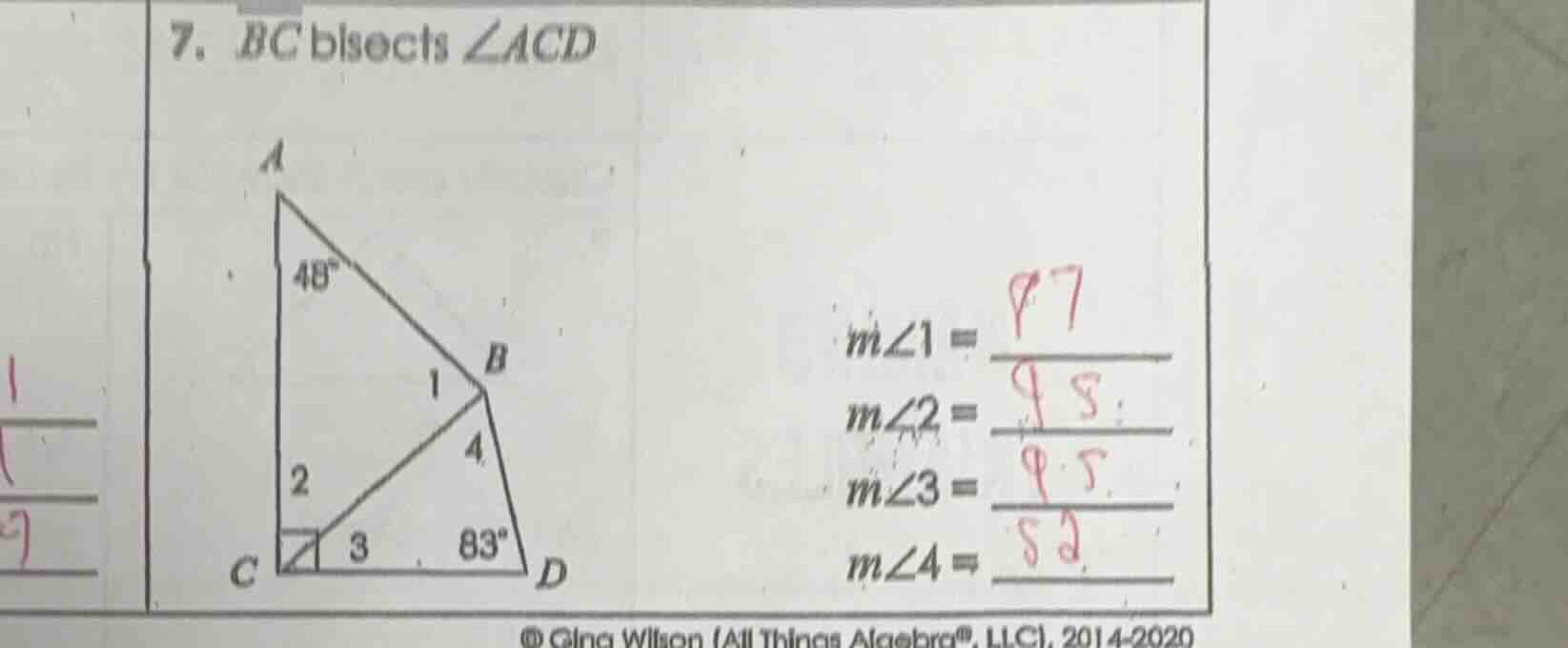7. $bc$ bisects $\\angle acd$ find $m\\angle1 = \\underline{quad}$, $m\…