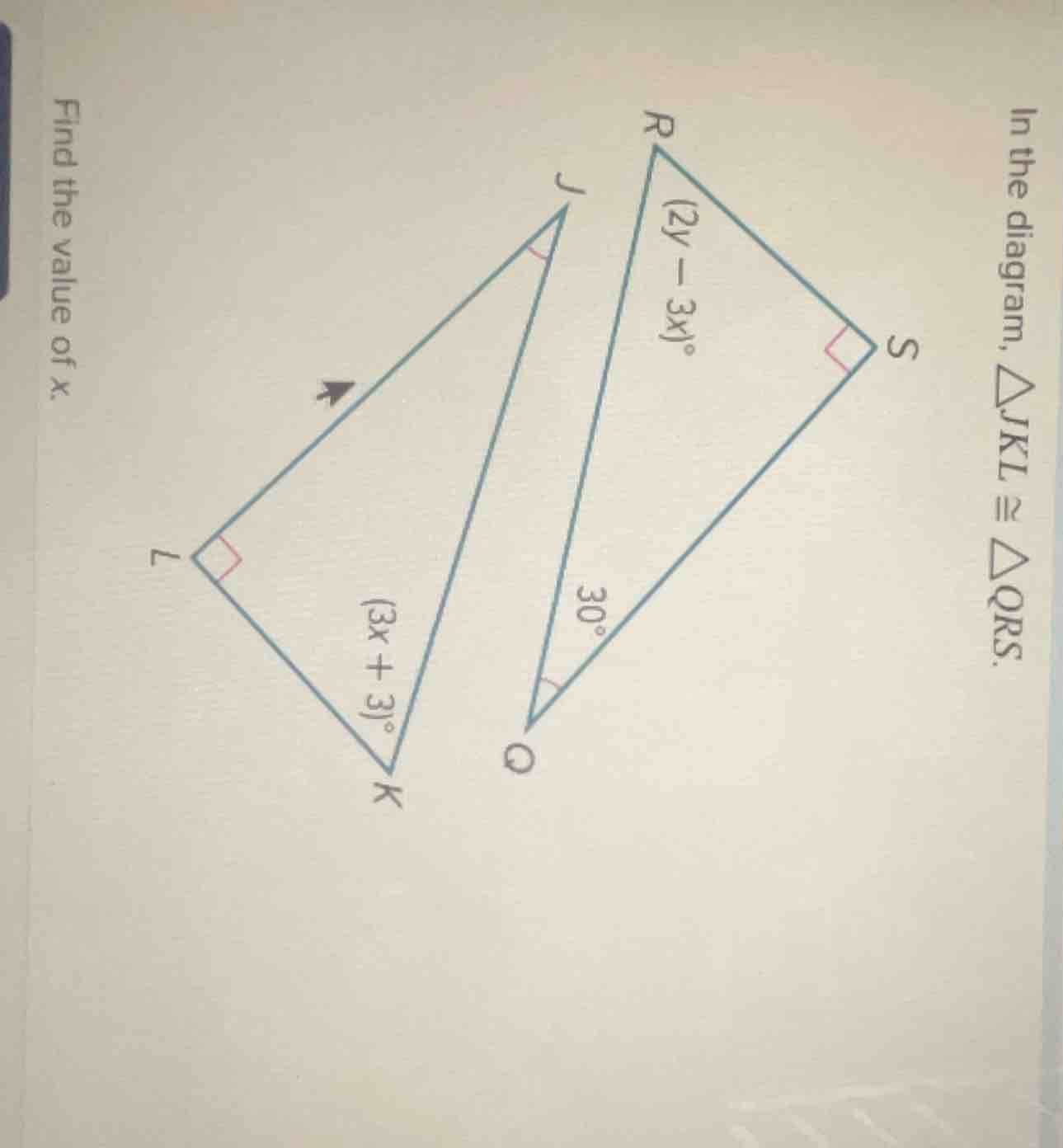 in the diagram, $\\triangle jkl \\cong \\triangle qrs$. find the value …
