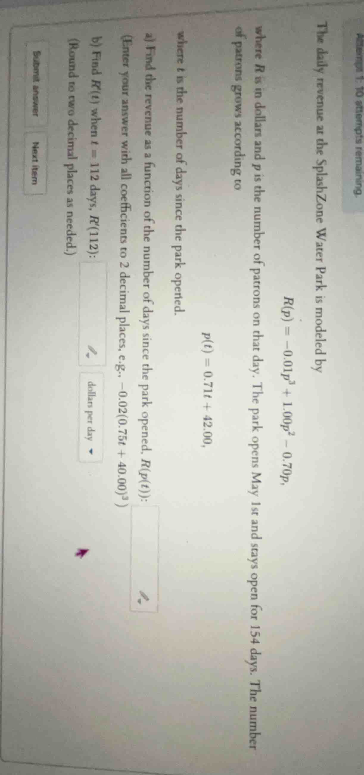 the daily revenue at the splashzone water park is modeled by $r(p) = -0…