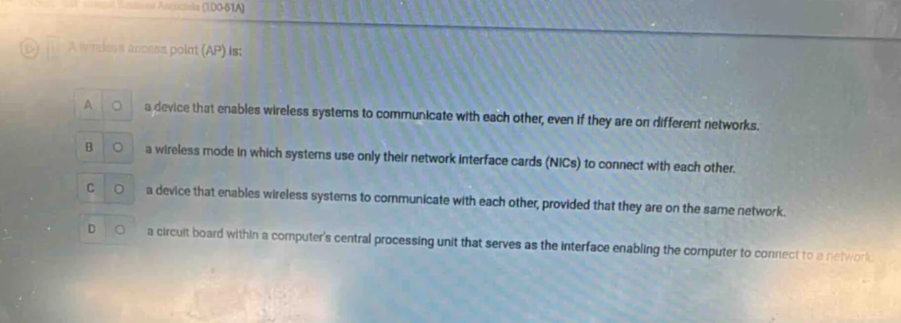a wireless access point (ap) is: a a device that enables wireless syste…