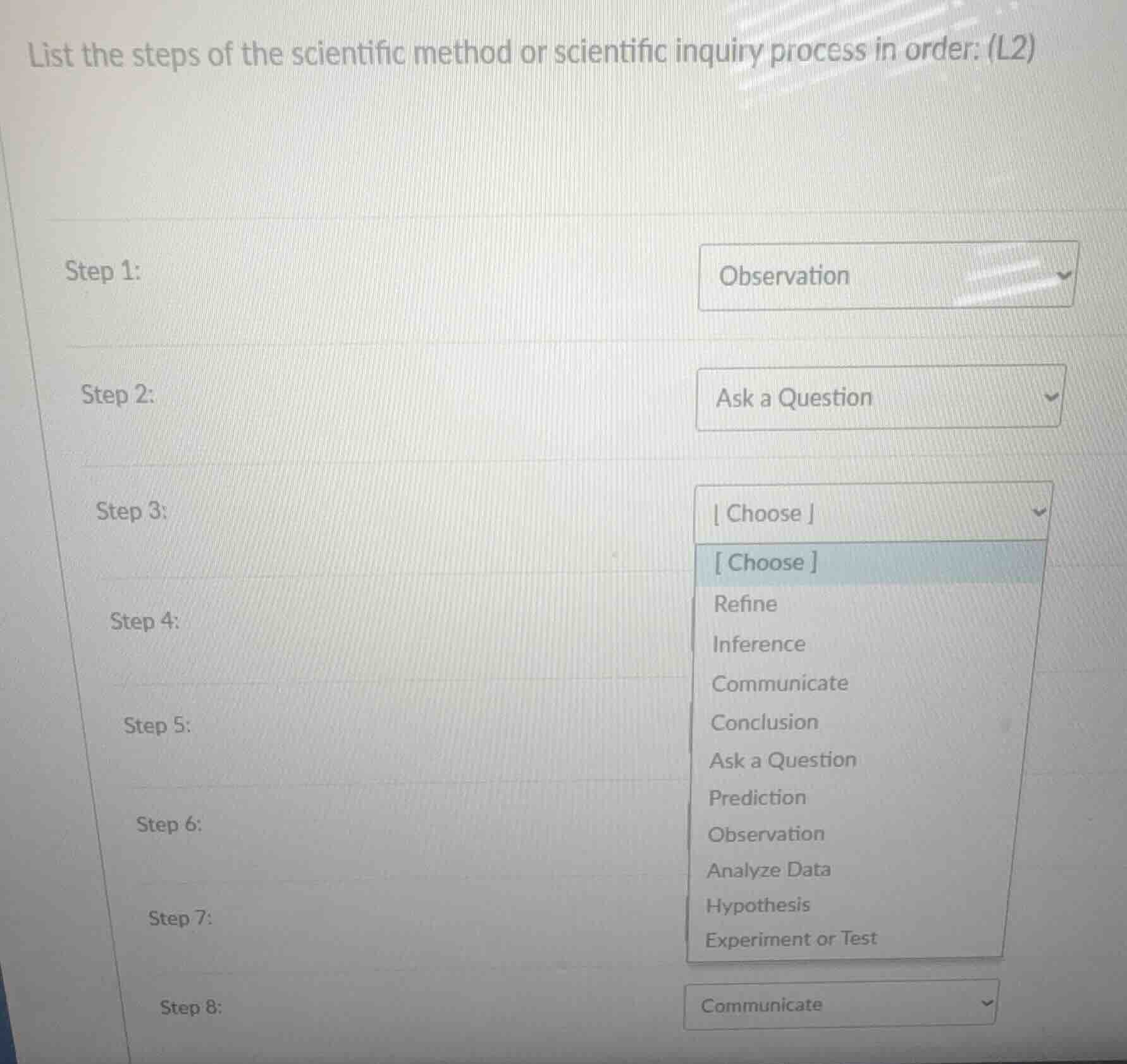 list the steps of the scientific method or scientific inquiry process i…