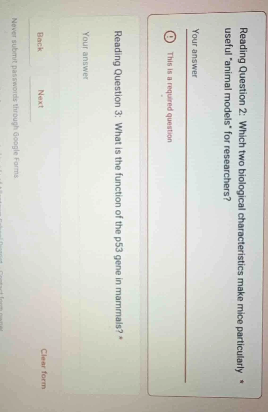 reading question 2: which two biological characteristics make mice part…