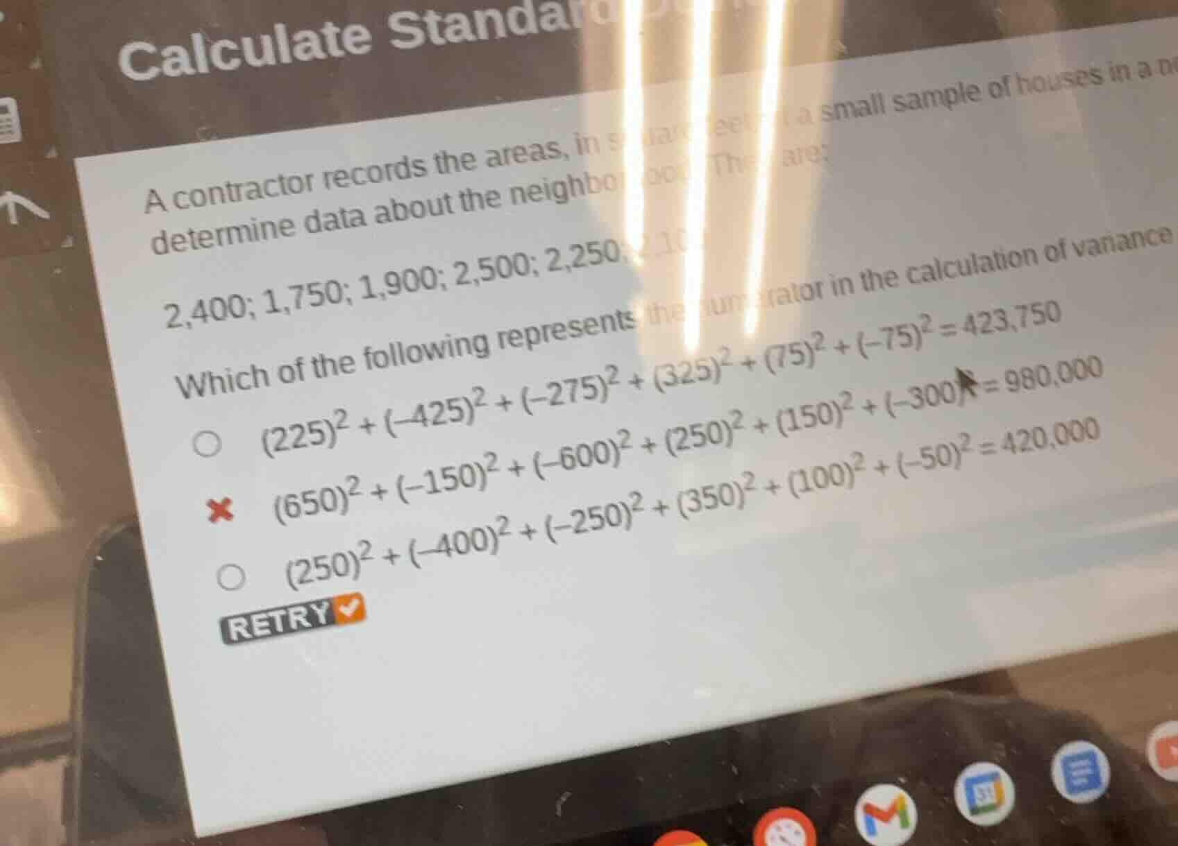 calculate standa a contractor records the areas, in square feet, of a s…