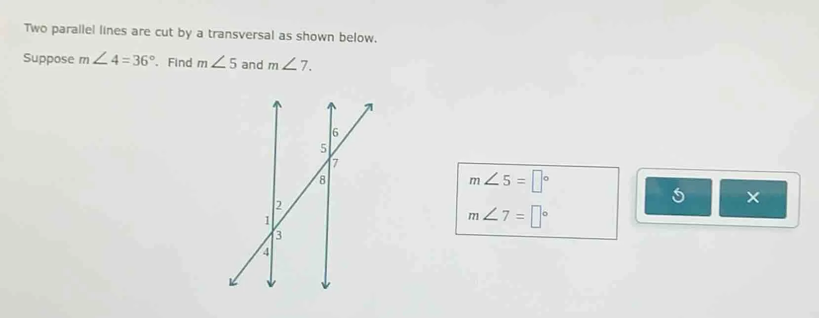 two parallel lines are cut by a transversal as shown below. suppose ( m…