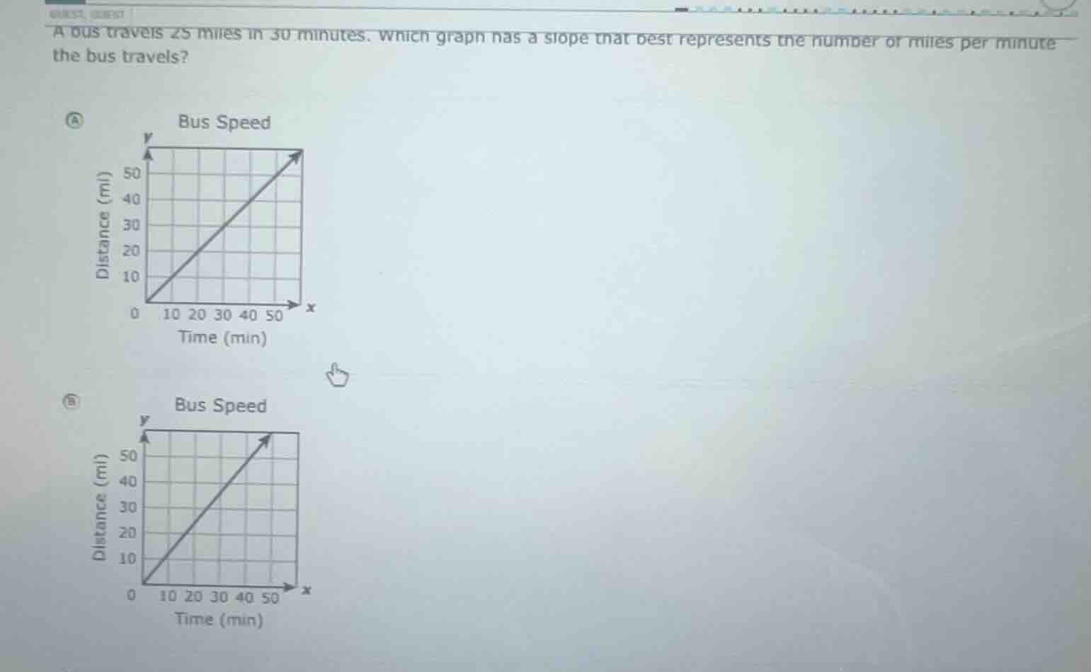a bus travels 25 miles in 30 minutes. which graph has a slope that best…