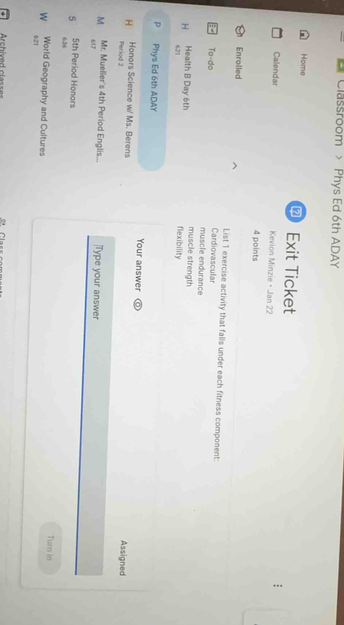 exit ticket kevion minzie · jan 22 4 points list 1 exercise activity th…