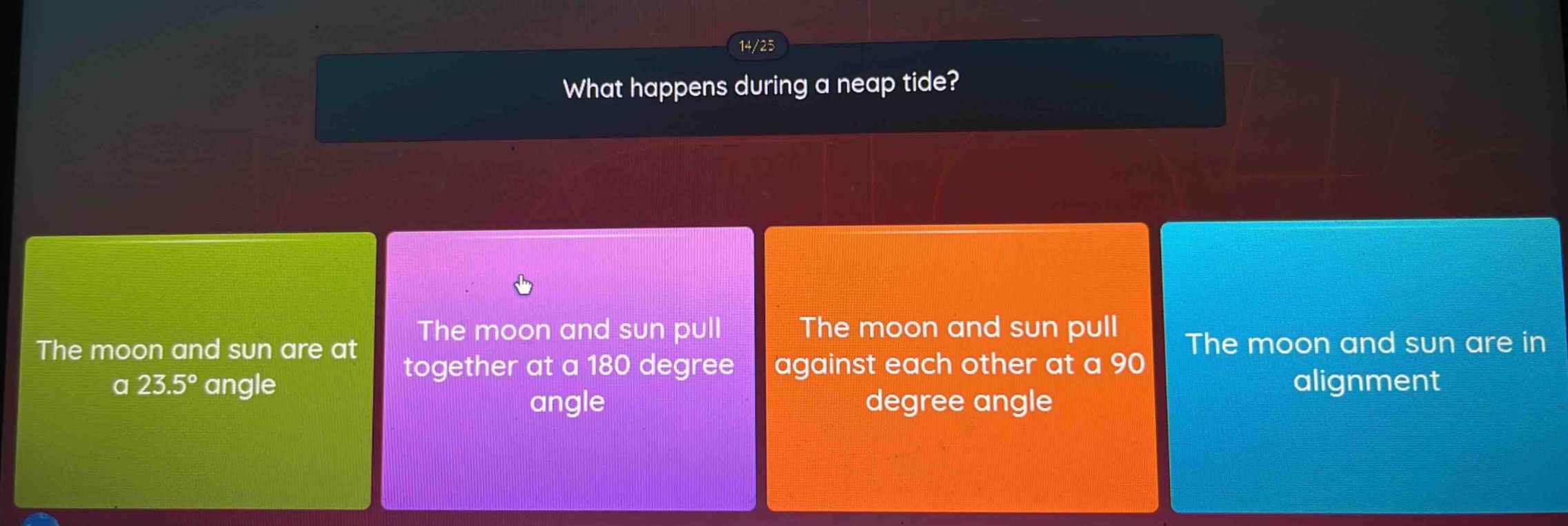 what happens during a neap tide? the moon and sun are at a 23.5° angle;…