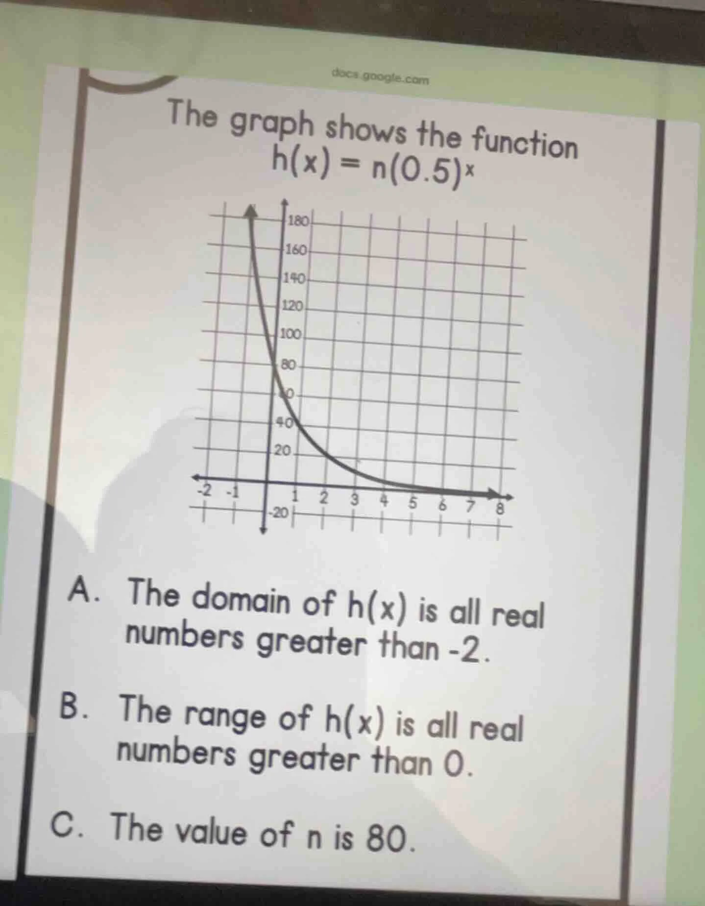 the graph shows the function h(x) = n(0.5)^x a. the domain of h(x) is a…