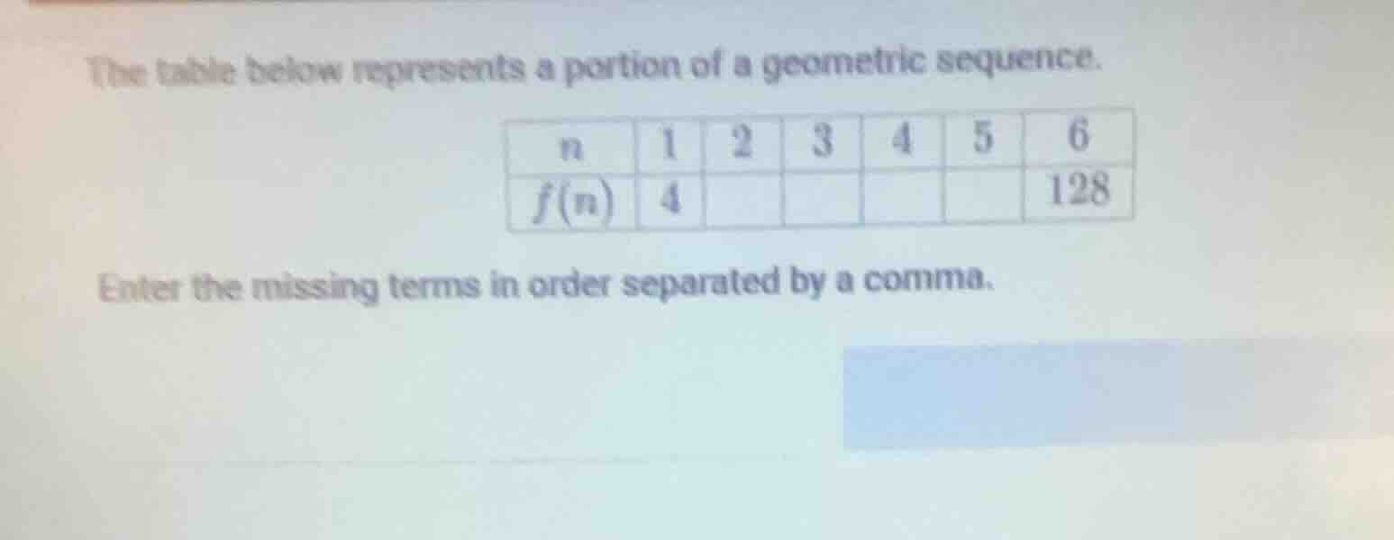 the table below represents a portion of a geometric sequence. n | 1 | 2…