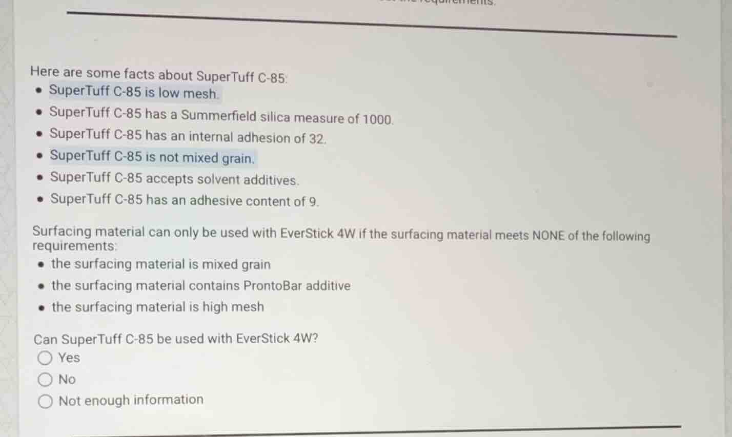 here are some facts about supertuff c-85. - supertuff c-85 is low mesh.…