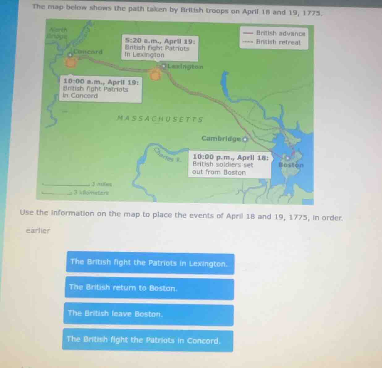 the map below shows the path taken by british troops on april 18 and 19…