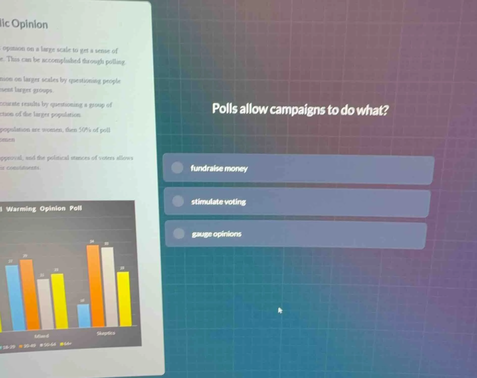 polls allow campaigns to do what? fundraise money stimulate voting gaug…