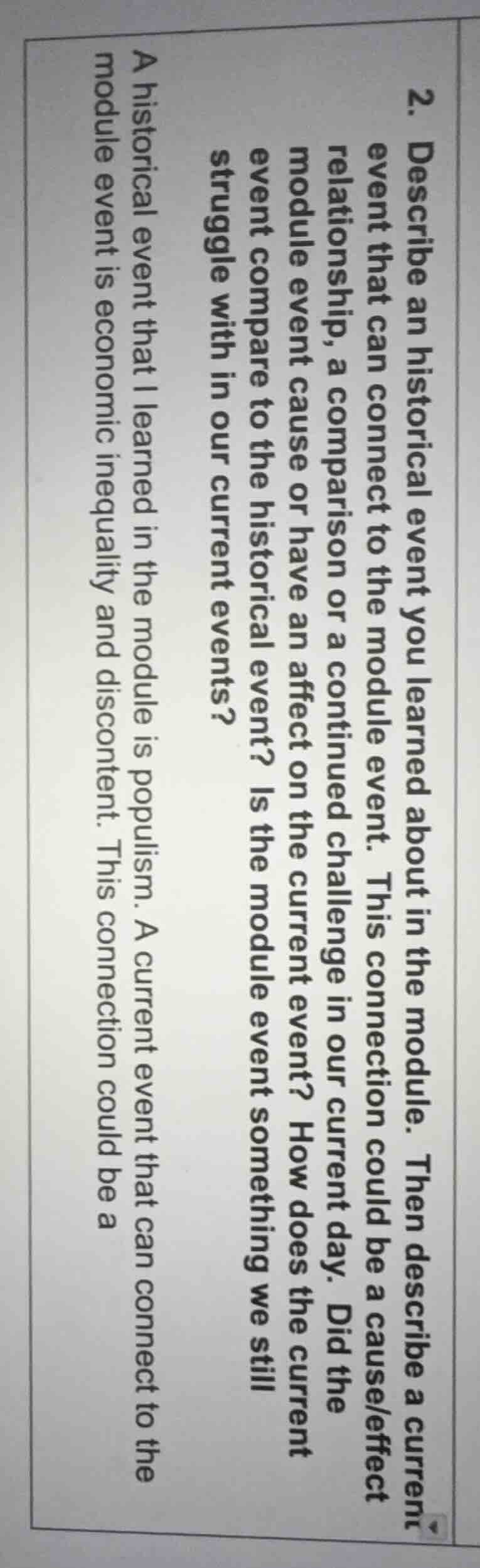 2. describe an historical event you learned about in the module. then d…