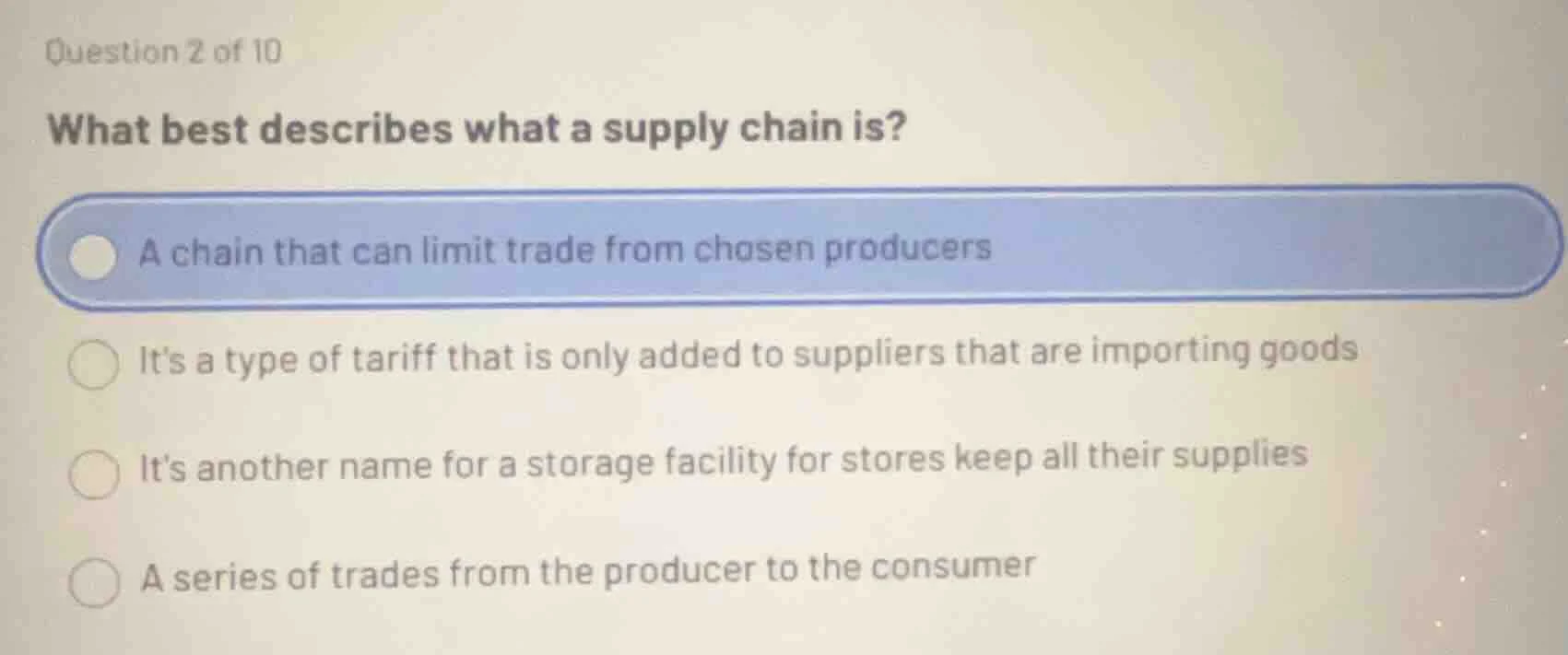 question 2 of 10 what best describes what a supply chain is? a chain th…