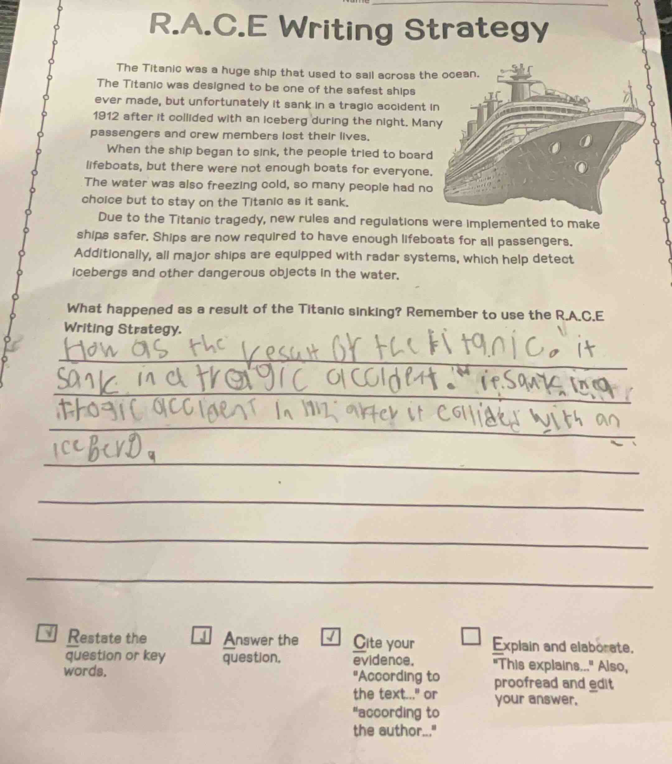 r.a.c.e writing strategy the titanic was a huge ship that used to sail …