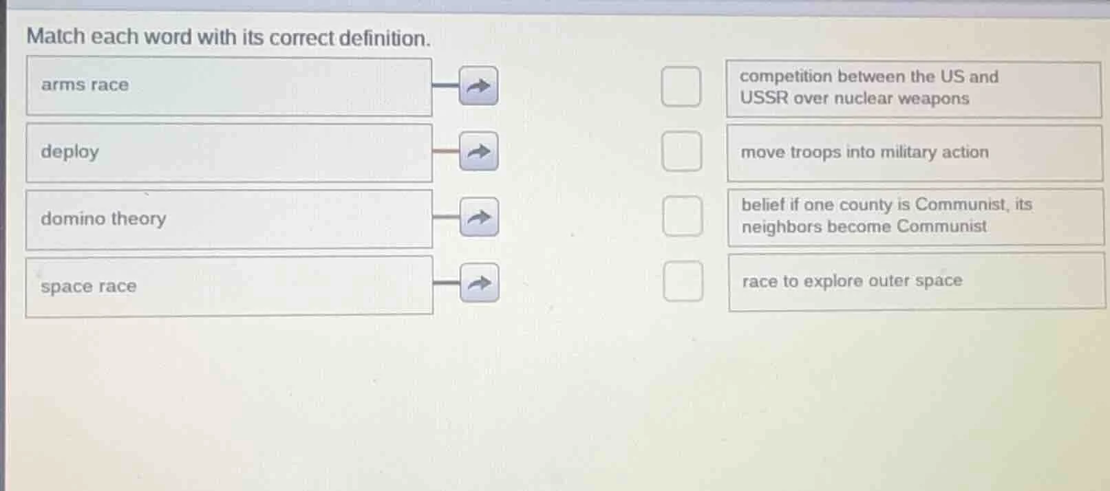 match each word with its correct definition. arms race deploy domino th…