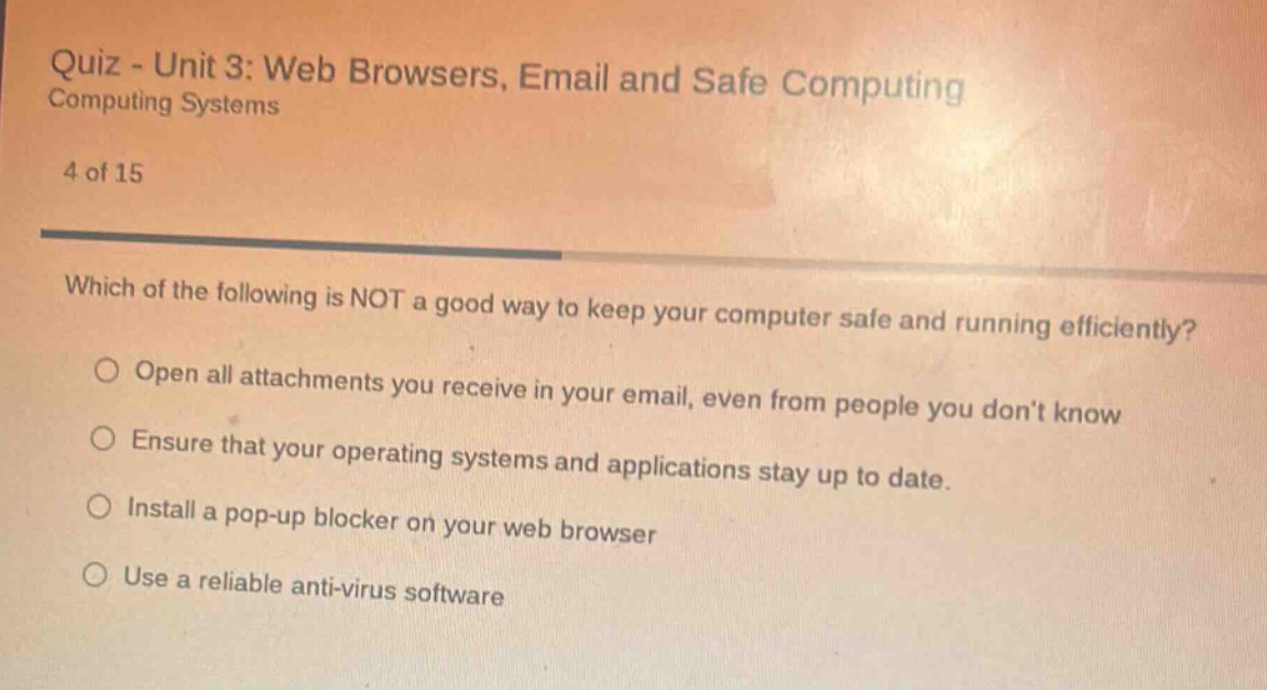quiz - unit 3: web browsers, email and safe computing computing systems…