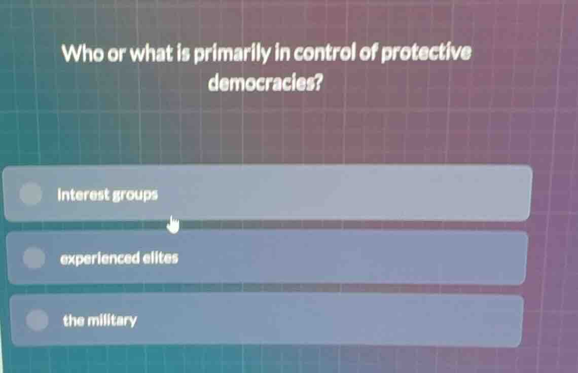 who or what is primarily in control of protective democracies? interest…