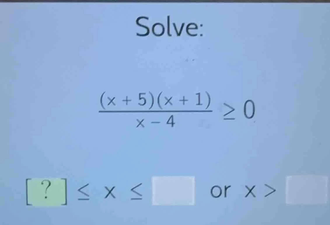 solve: \\frac{(x + 5)(x + 1)}{x - 4} \\geq 0 ? \\leq x \\leq or x >
