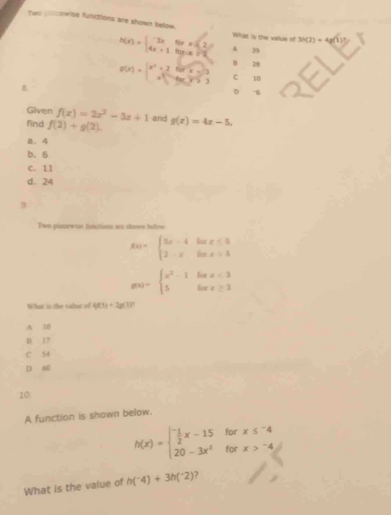 two piecewise functions are shown below. $h(x)=\\begin{cases}-3x & \\te…