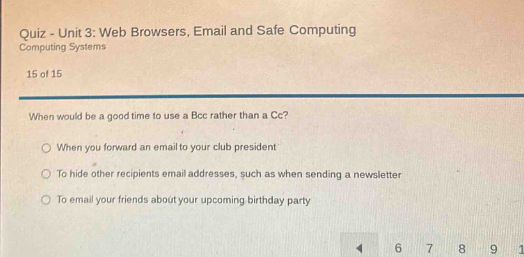 quiz - unit 3: web browsers, email and safe computing computing systems…