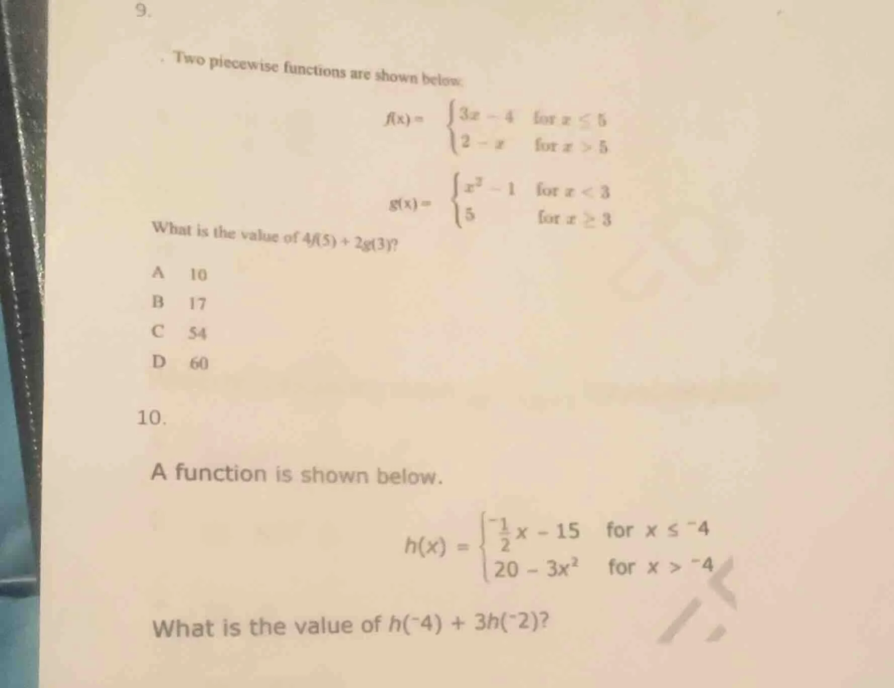 9. two piecewise functions are shown below: $f(x)= \\begin{cases} 3x - …